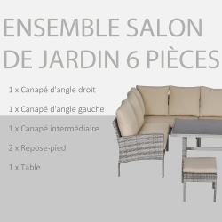 Salon De Jardin 6 Pers. Grand Confort Canapé D'angle + 2 Poufs + Table à Manger - OutSunny
