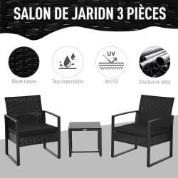 Salon De Jardin 2 Places 3 Pièces 2 Chaises Avec Coussins + Table Basse Plateau Verre - Ou
